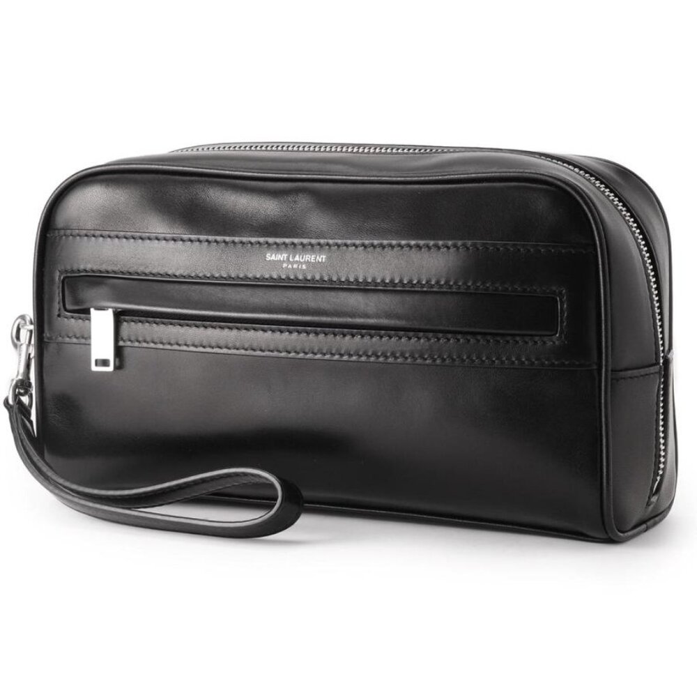 YSL Saint Laurent Black Soft Lambskin Leather Zip Clutch Pouch Style 635166 Bag